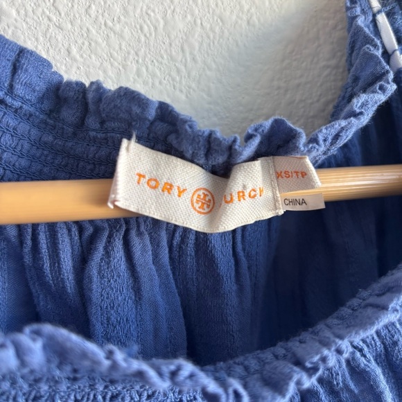 Tory Burch Loretta Blue and White Off the Shoulder Embroidered Gauze Mini Dress - Picture 8 of 10